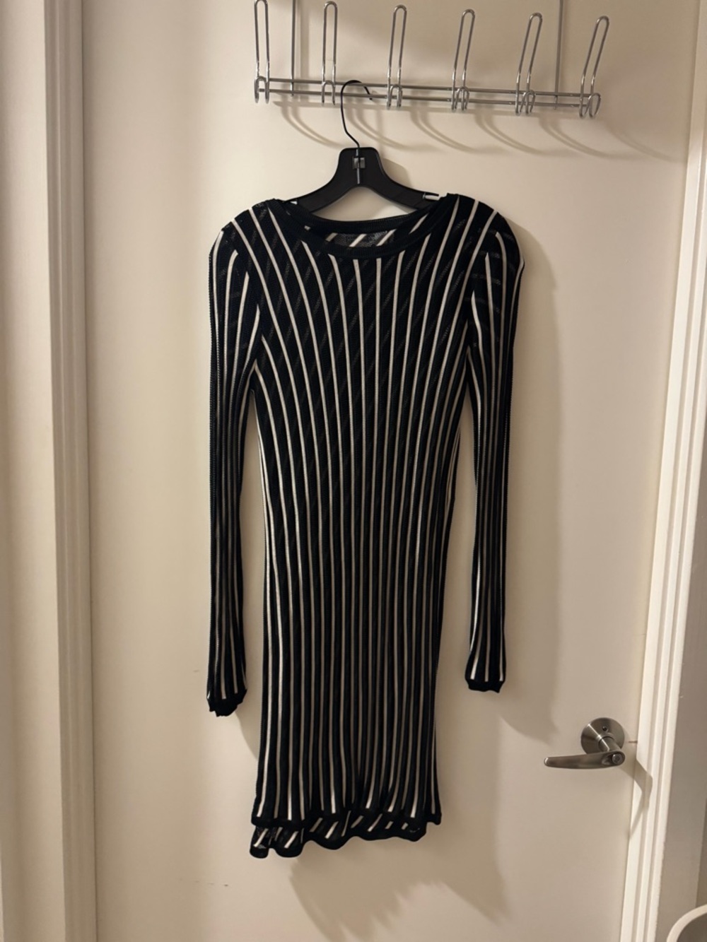 Diane Von Furstenberg Black and White Vertical Stripe Long Sleeve Dress